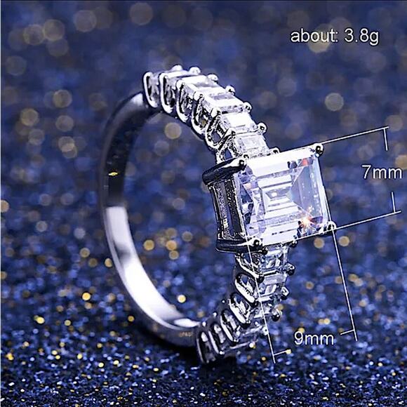 Sterling Silver Princess Cut Halo Baguette Diamond Ring - Picture 5 of 5